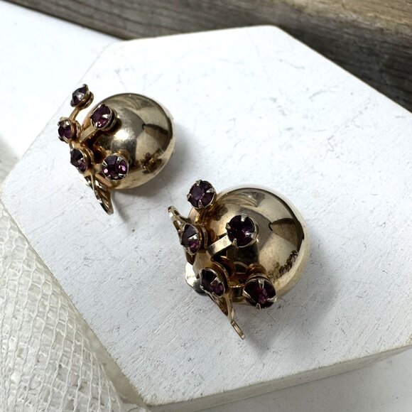 Vintage Clip-On Dome Earrings With Purple Rhinestones & Gold-Tone Finish - Picture 2 of 7